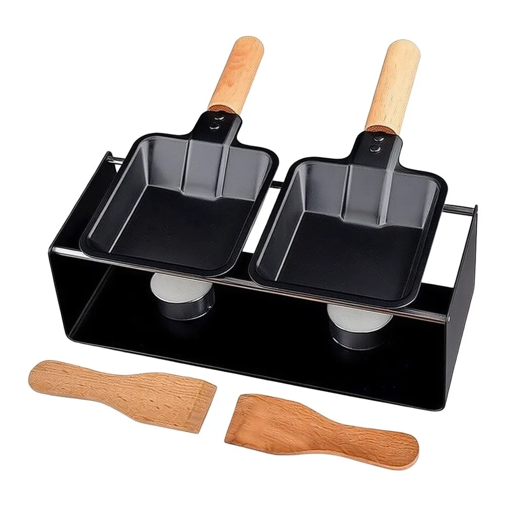 Cheese Raclette Grill Dual Pan Melting Set with 2 Wooden Spatulas for Family Meals and Outdoor Culinary Experiences