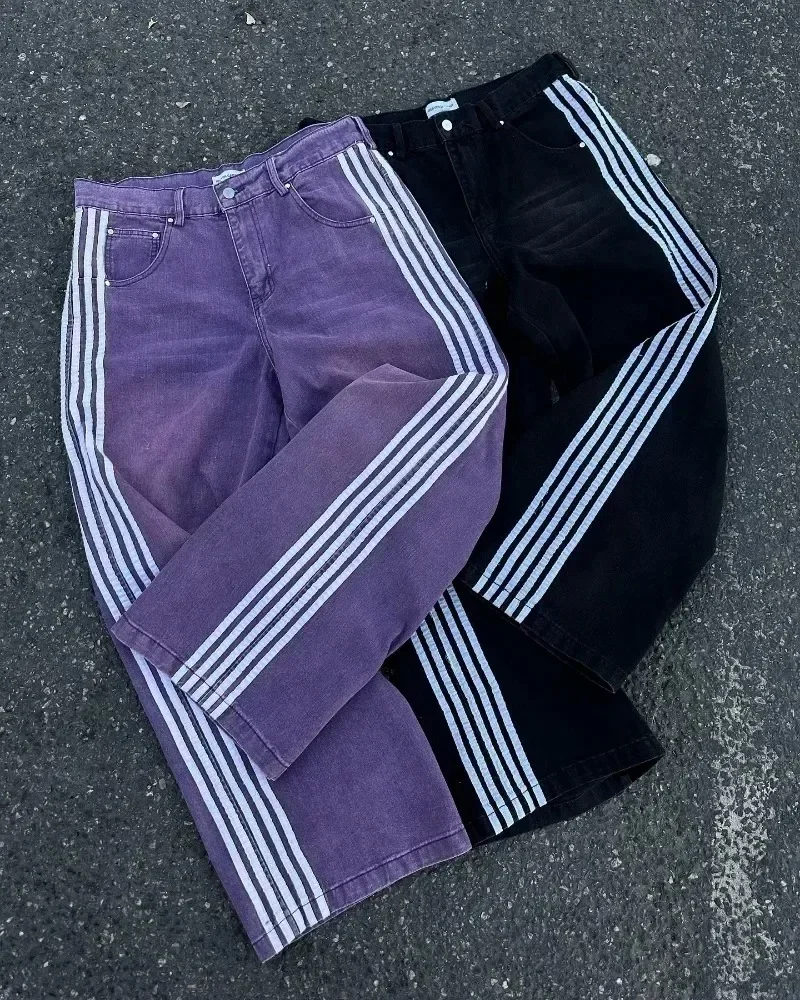 Y2K-pantalones vaqueros Vintage de alta calidad para hombre y mujer, Vaqueros holgados bordados a rayas Harajuku, ropa informal estilo Hip Hop, pantalones de pierna ancha informales