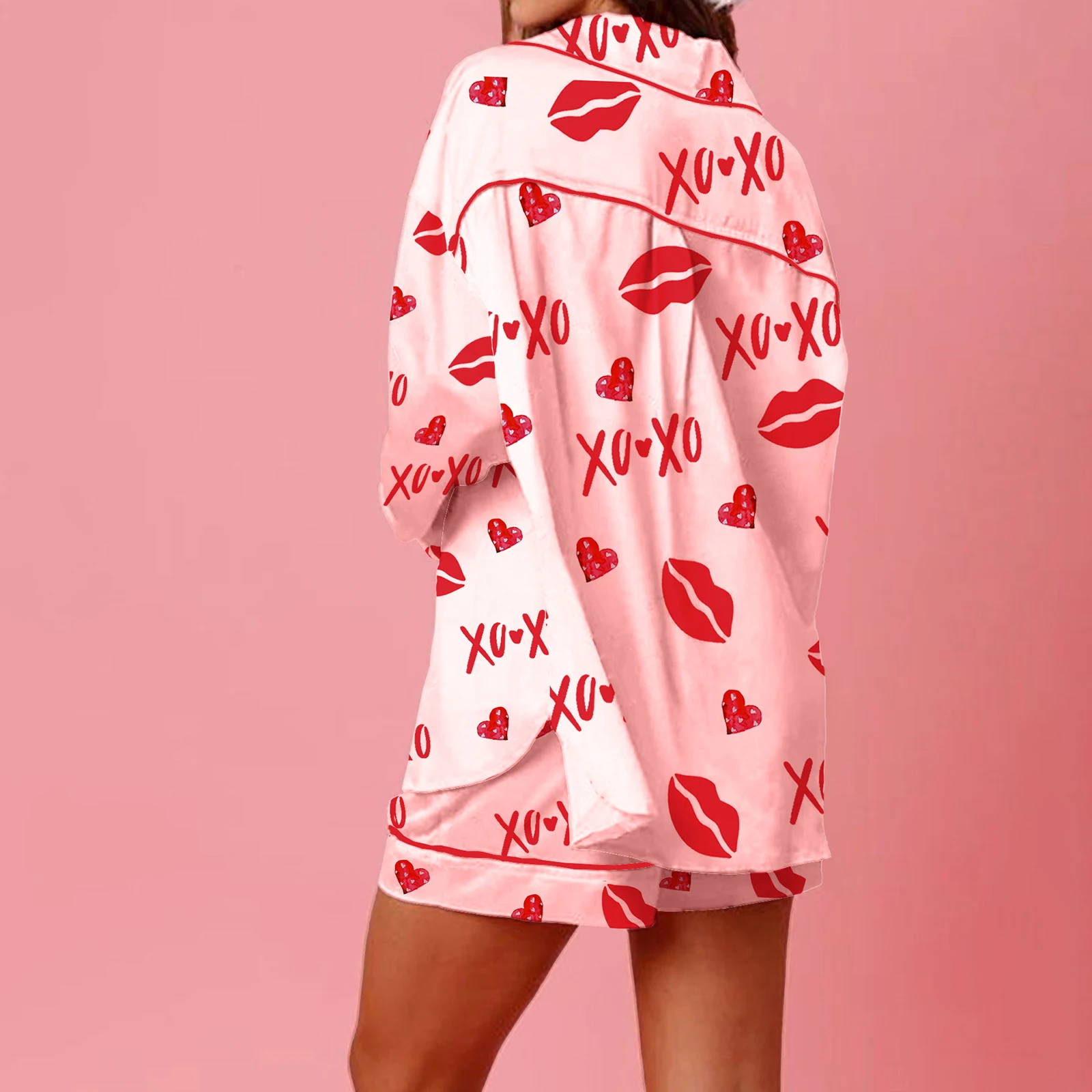 

Women's Valentine's Day Pajamas Sets Heart Bow Print Button Up Long Sleeve Lapel Shirts Tops and Shorts Loungewear Sleepwear