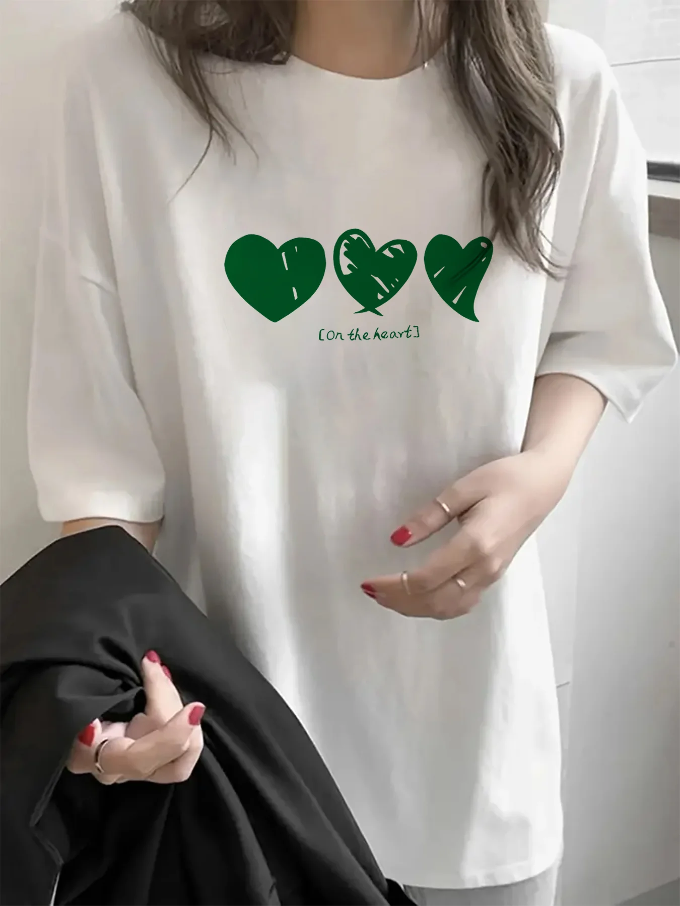Com estampa de coração verde e texto "Eu deixarei com você" ajuste em torno do pescoço verão casual manga harajuku roupas estéticas casuais