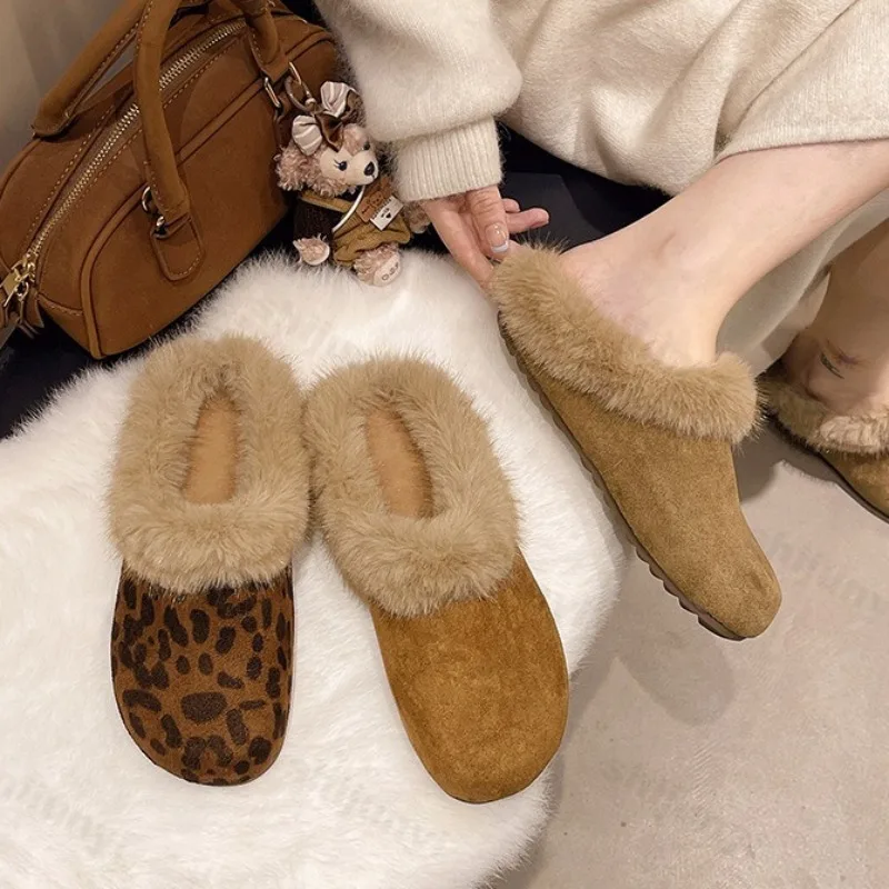 

Fashion Versatile Casual Hairy Cotton Slippers for Women 2025 New Winter Warm Soft Sole Comfortable Leopard Print Plush Draggers