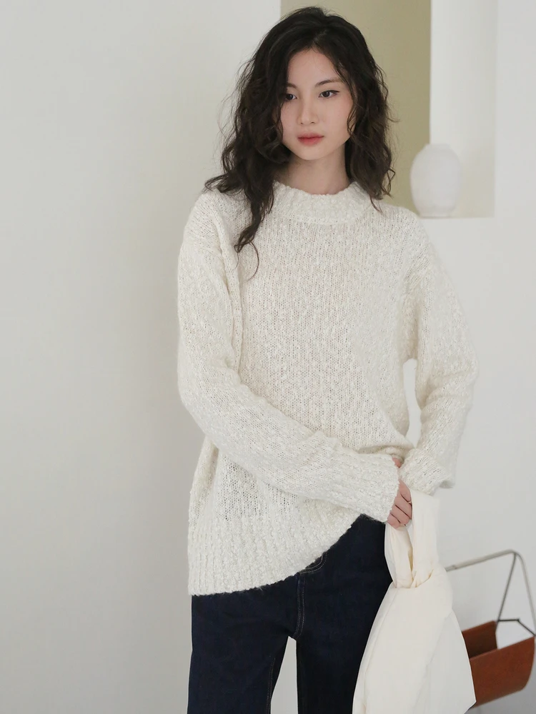 

Зимний утепленный вязаный свитер средней длины с круглым вырезом, свободного кроя, из шерсти, винтажный, пушистый, крупной вязки, в стиле кашемир.