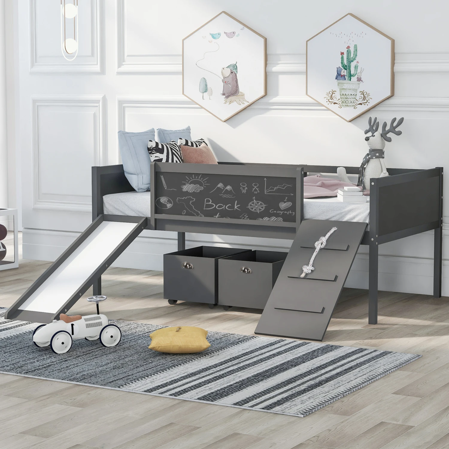 

Twin size Loft Bed Wood Bed with Two Storage Boxes - Gray( old sku LP000075AAE )