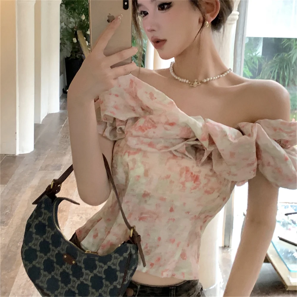 PLAMTEE S-M Women Slash Neck Florals Blouses Summer Off Shoulders 2023 Short Sleeve Sweet Party Ruffles Slim New Daily Mujer