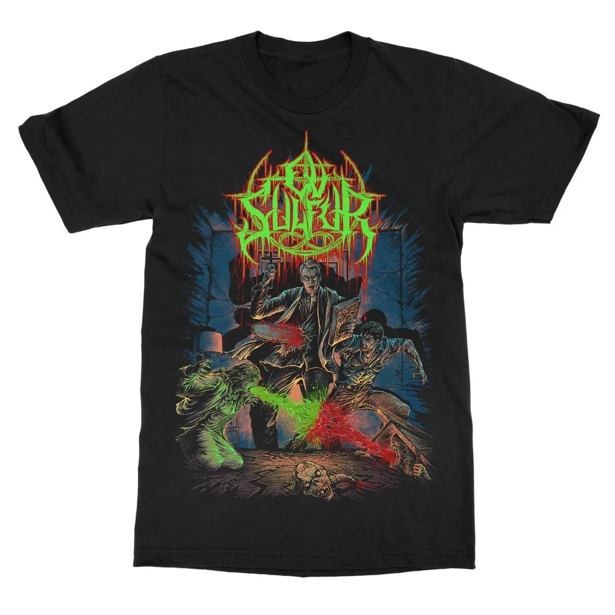 Ov Sulfur T‑Shirt Retro Horror Comic Illustration Violent Exorcism Fight Artwork Demon Hunter Against Monsters Green Red
