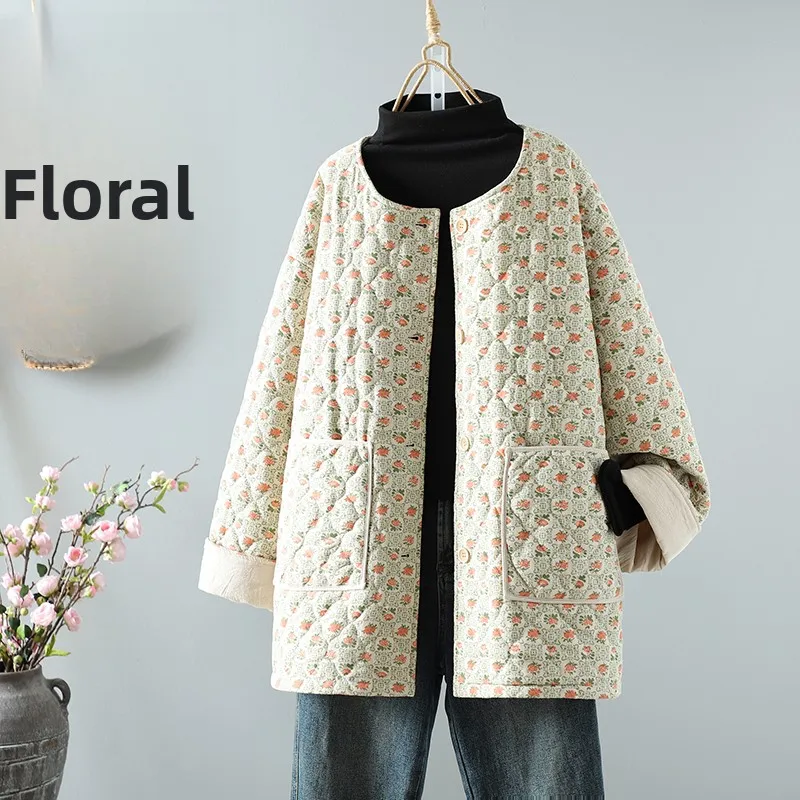 

Soft Lightweight Winter Cotton Jaet Women's Sweet Loose round Ne Versatile Gentle Cotton Outerwear Floral Print New Sle