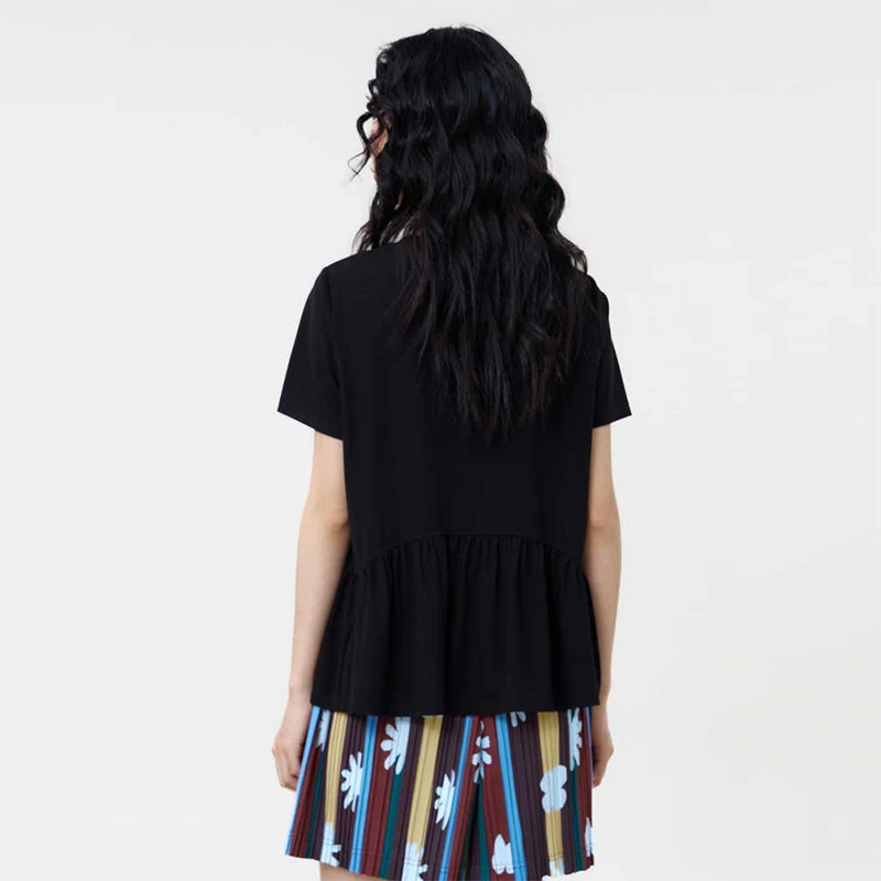 MOVEUP Solid Color Round Neck Short Sleeved T-Shirt 2026 Summer New Patchwork Pleated Hem Minimalist Tee Top For Women 3ELX10512