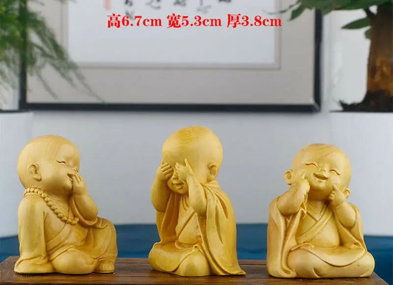 JM022 - 6.7* 5.3 * 3.8 Carved Boxwood Figurine Carving Set of 3 Little Monk Boys