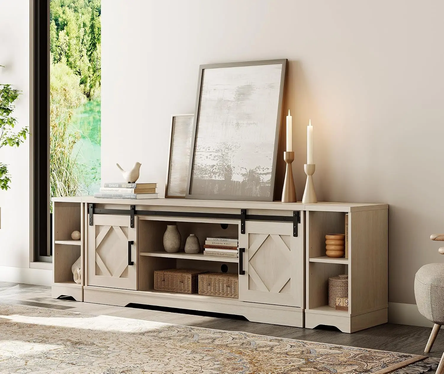 Farmhouse TV Stand for 80-85 Inch TV with Distressed Wood Finish, Customized