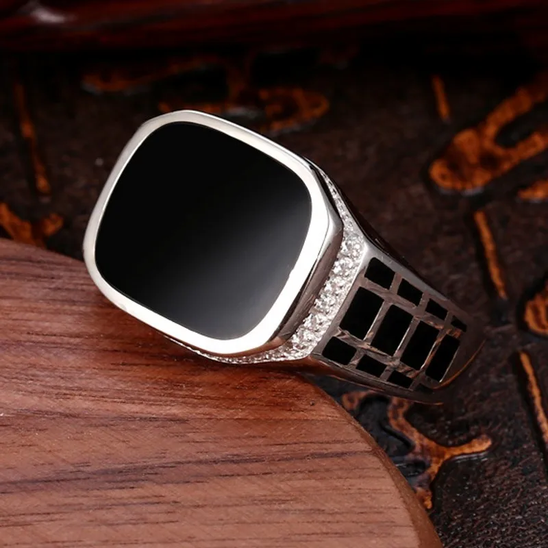 BOCAI New Solid Pure 100% S925 Silver Retro Craft Simple Trend Inlaid Black Agate Men\'s Ring Fashion Jewelry Accessories