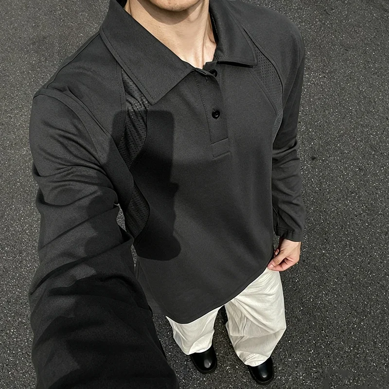 Loose Fit Mens Lapel Polo Top Long Sleeve Raglan Cut Mesh Splicing Detail Button Front Soft Fabric Pullover For Commute