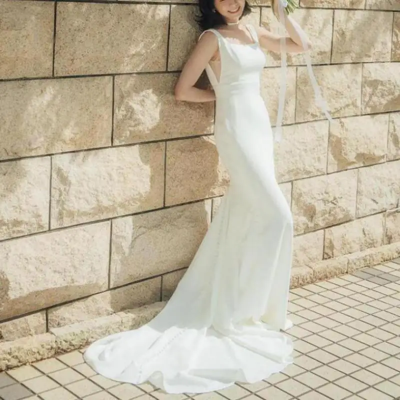 Vestidos de novia de sirena con espalda descubierta, sexys, con tren, tirantes finos, vestido de novia elegante largo de satén, Sukienka personalizado