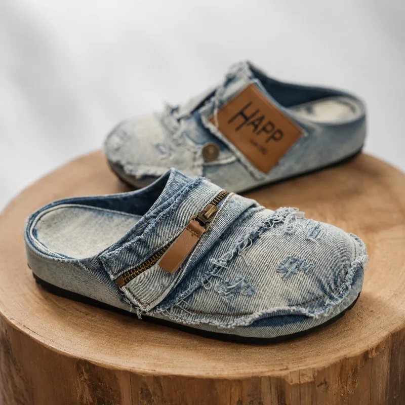 Light Blue Denim Mules with Frayed Edges Distressed Holes  Metal Zipper Design, Easy Slip-On Style Retro Trendy and Versatile.
