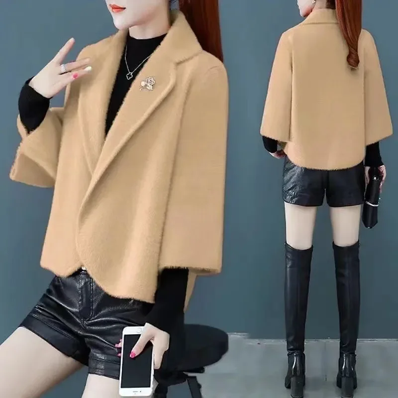 2024 Loose-Fit Women's Woolen Cardigan Cropped Jacket Trendy Autumn Winter New Style Aging-Reducing Polyester Fiber External Coa