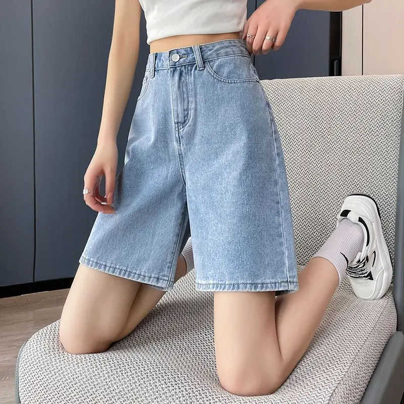 

Summer Loose Wide Leg Denim Knee Length Pant Women American Vintage Slimming Straight Shorts Casual High Waist Streetwear Shorts