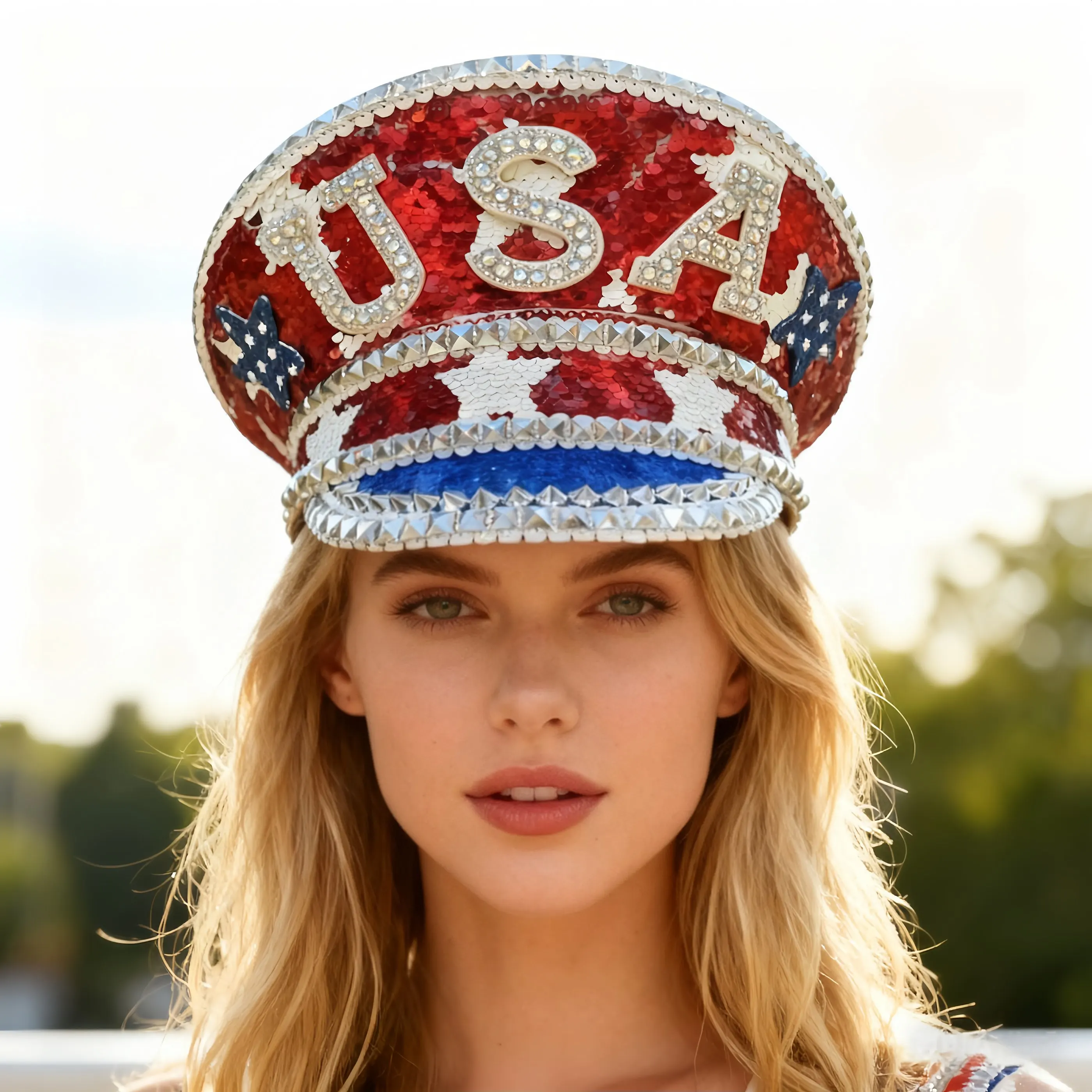 HongLuan Independence Day Steampunk Captain Hat Rhinestone for Burning Man Festival Woman, Military Accessories & Military Cap