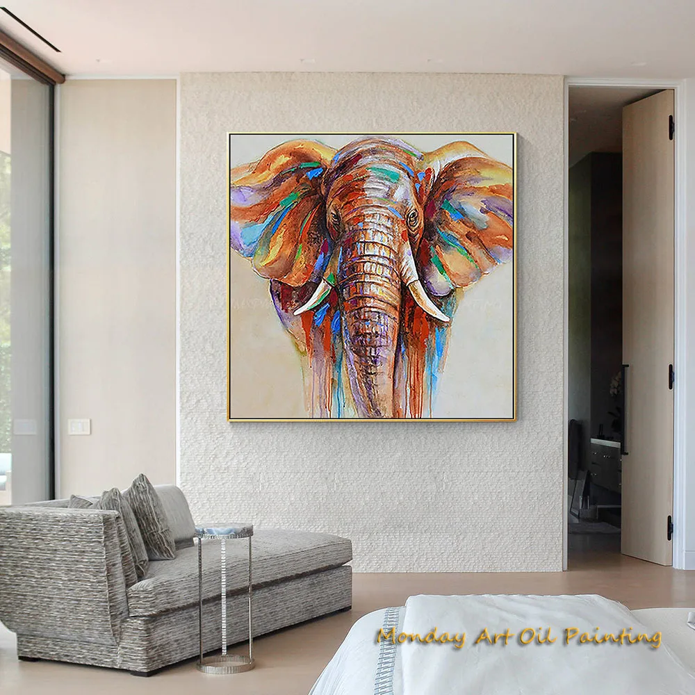 Handmade Painting Elephant Portrait Oil Painting Impressionist Elephant Extra Large Wall Art Square Fedex Shipping Cost