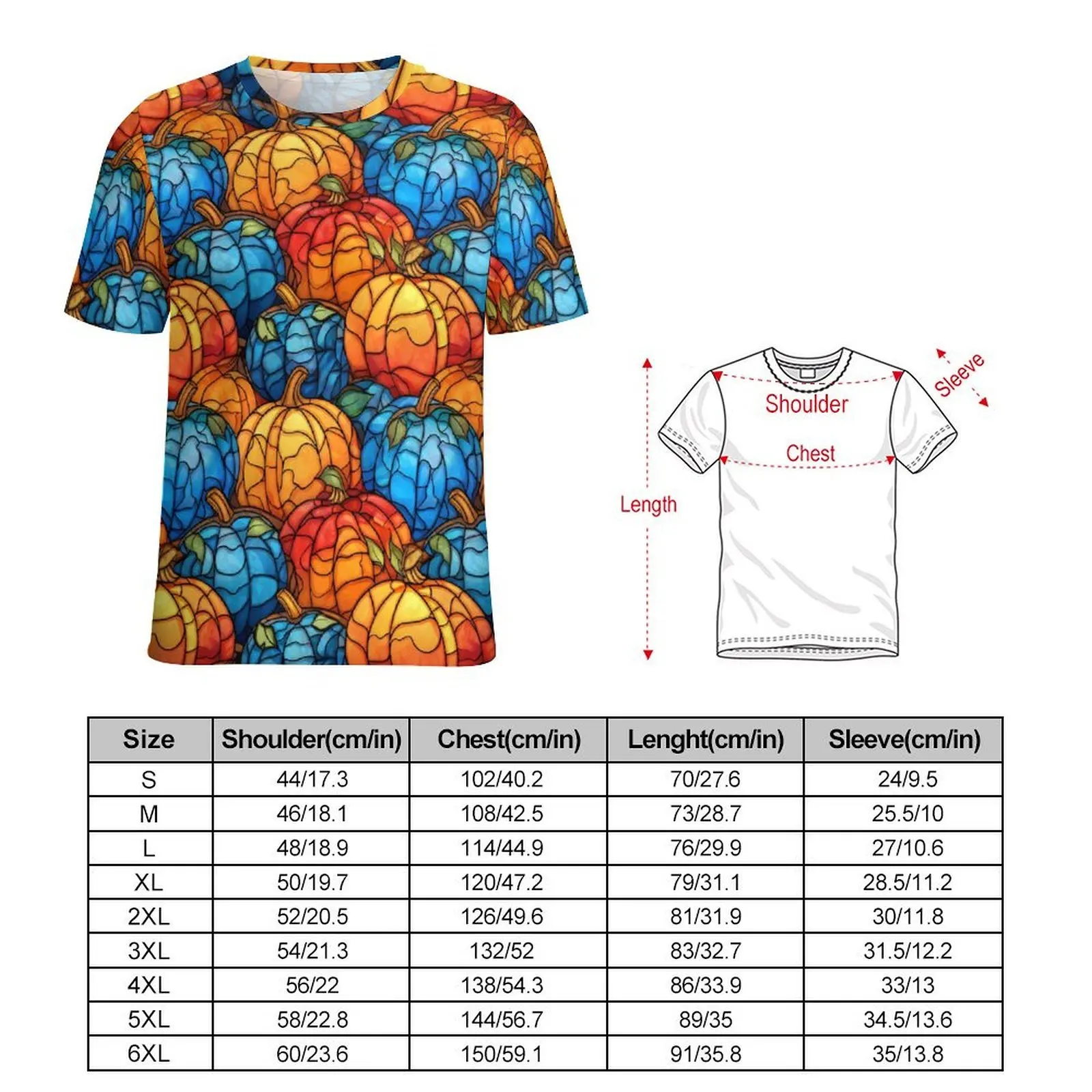 Stained Glass Pumpkins T-Shirt Blue And Oranger Man Fashion T-Shirts Premium Graphic Tees Short Sleeves Oversized Clothing Gift