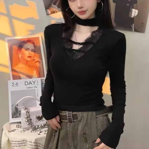 

Slim Fit Long Sve T-irt Women's V-Ne Lace Patchwork Fce Lined Commute Sle Pure Color Base Layer irt