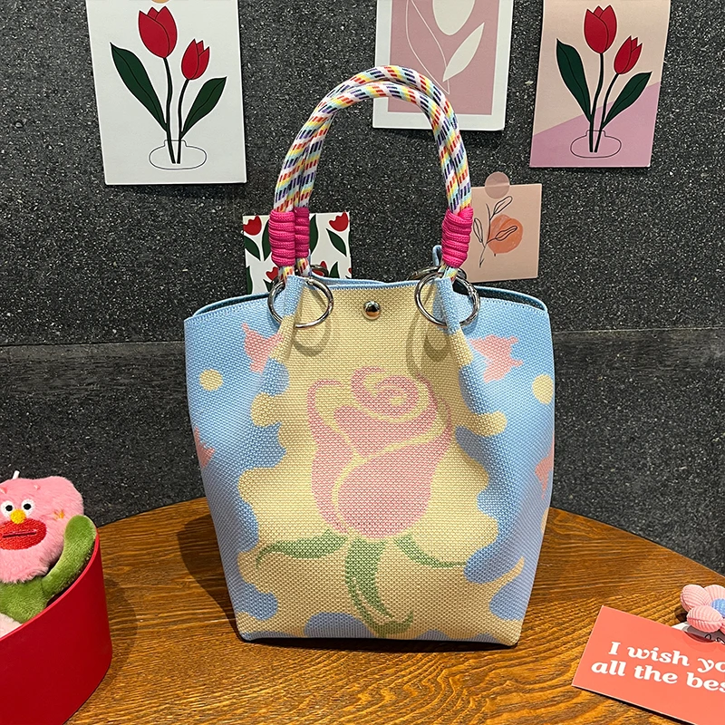 Romantic Rose Flower Knitted Handbag, High-Quality Eco-Friendly Gift Bag with Chinese Blessing Messages, Multifunctional Large-Capacity Tote Bag, Suitable for Gifting to Family, Friends, Classmates, Holiday Shopping, Fashionable Handbag, Daily Casual Outing, Carrying Essentials, Women's Bag