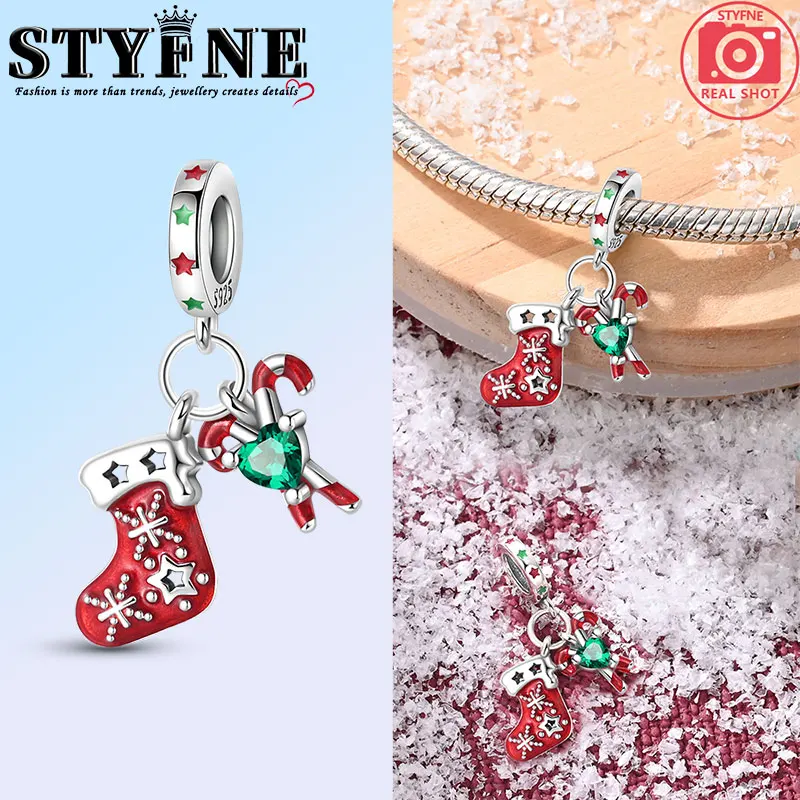 Symbols 2025 New Year Beads 925 Sterling Silver Christmas Red Sleigh Cane Stocking Two Charms Women's Jewelry DIY Gift