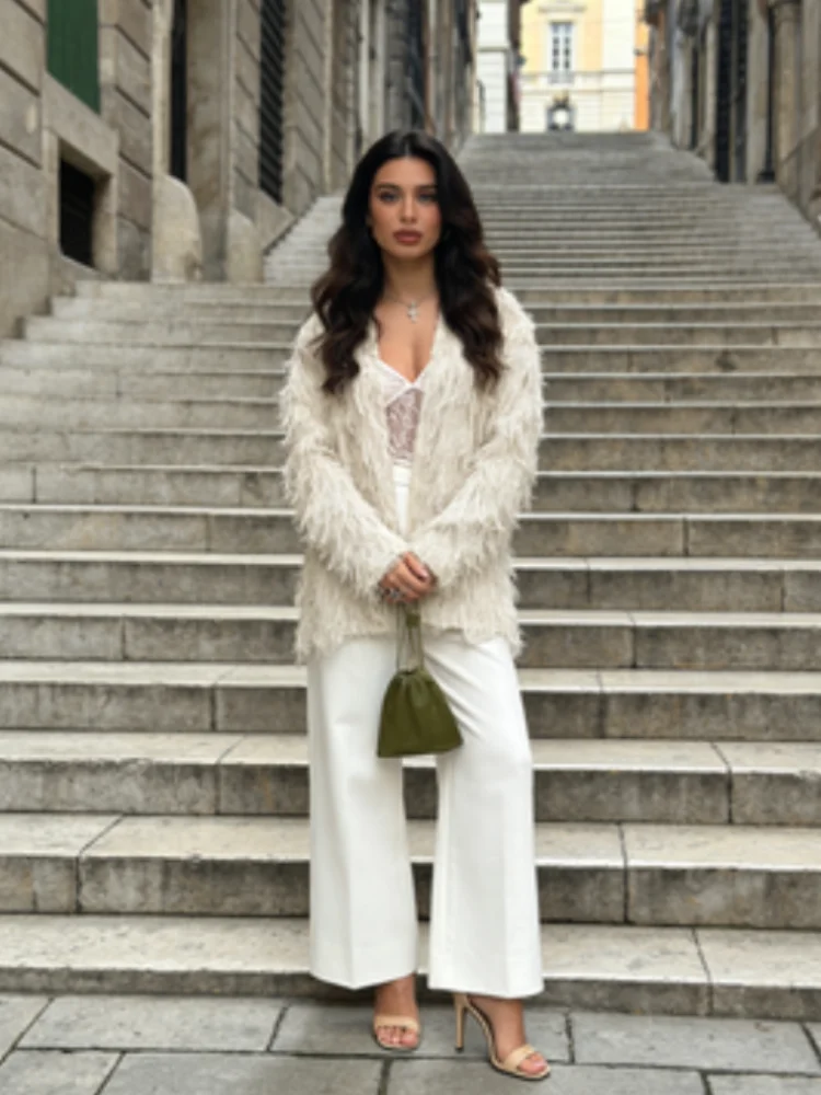 

Tassel Shiny Women's Coats Loose V Neck Long Sleeves Lace Up Female Jacket 2026 Spring Fashion Solid Street Lady New Outerwear