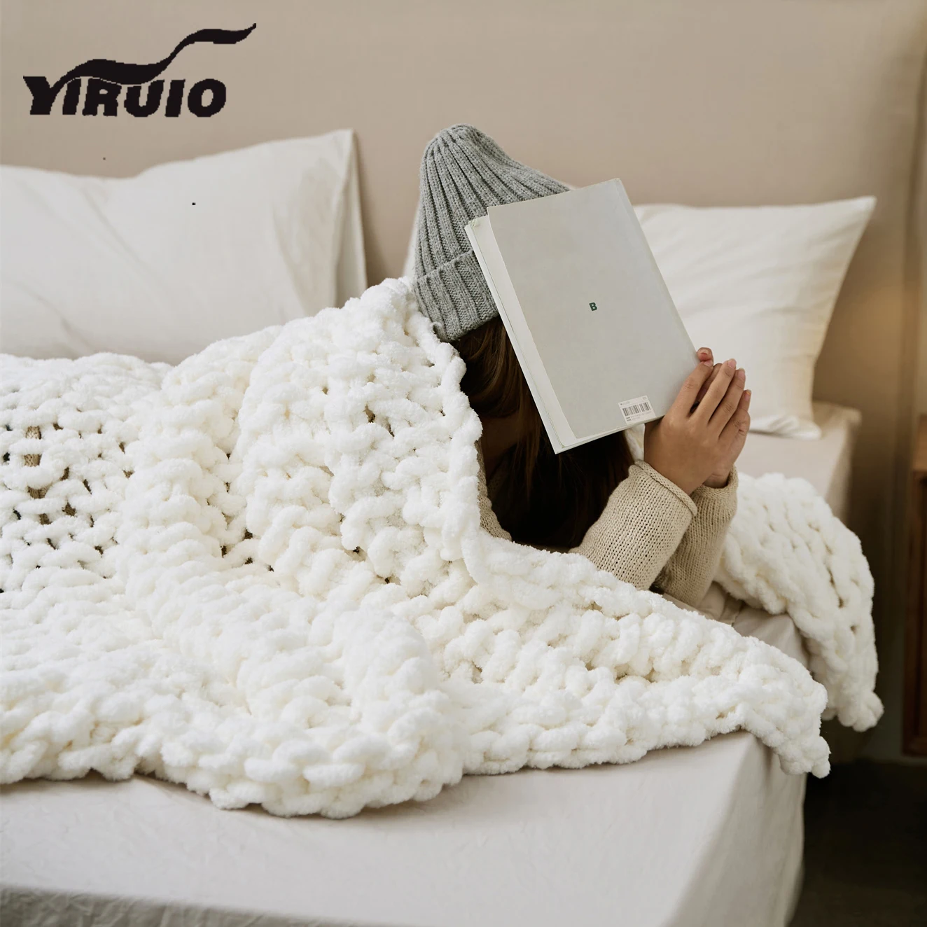 YIRUIO Chunky Knit Soft Cozy Chenille Blanket Luxury Elegant INS Style Hand Crochet Throw Blanket Sofa Decorative Plaid Blankets