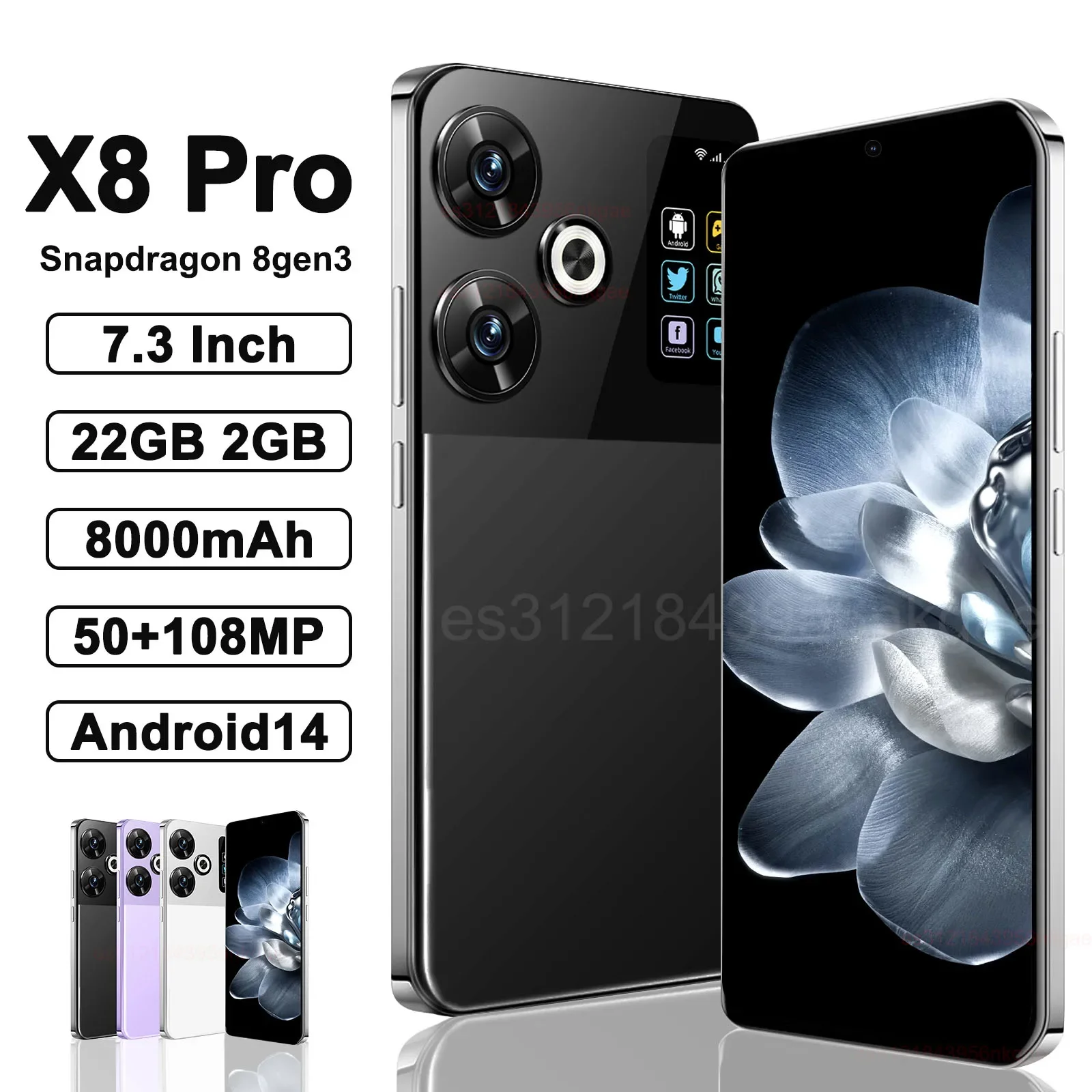 Original X8 Pro Smartphone 5G 7.3inch Snapdragon 8gen3 22G+2TB Cell Phone SIM MobilePhones 8000mAh Android 14 Unlocked NFC