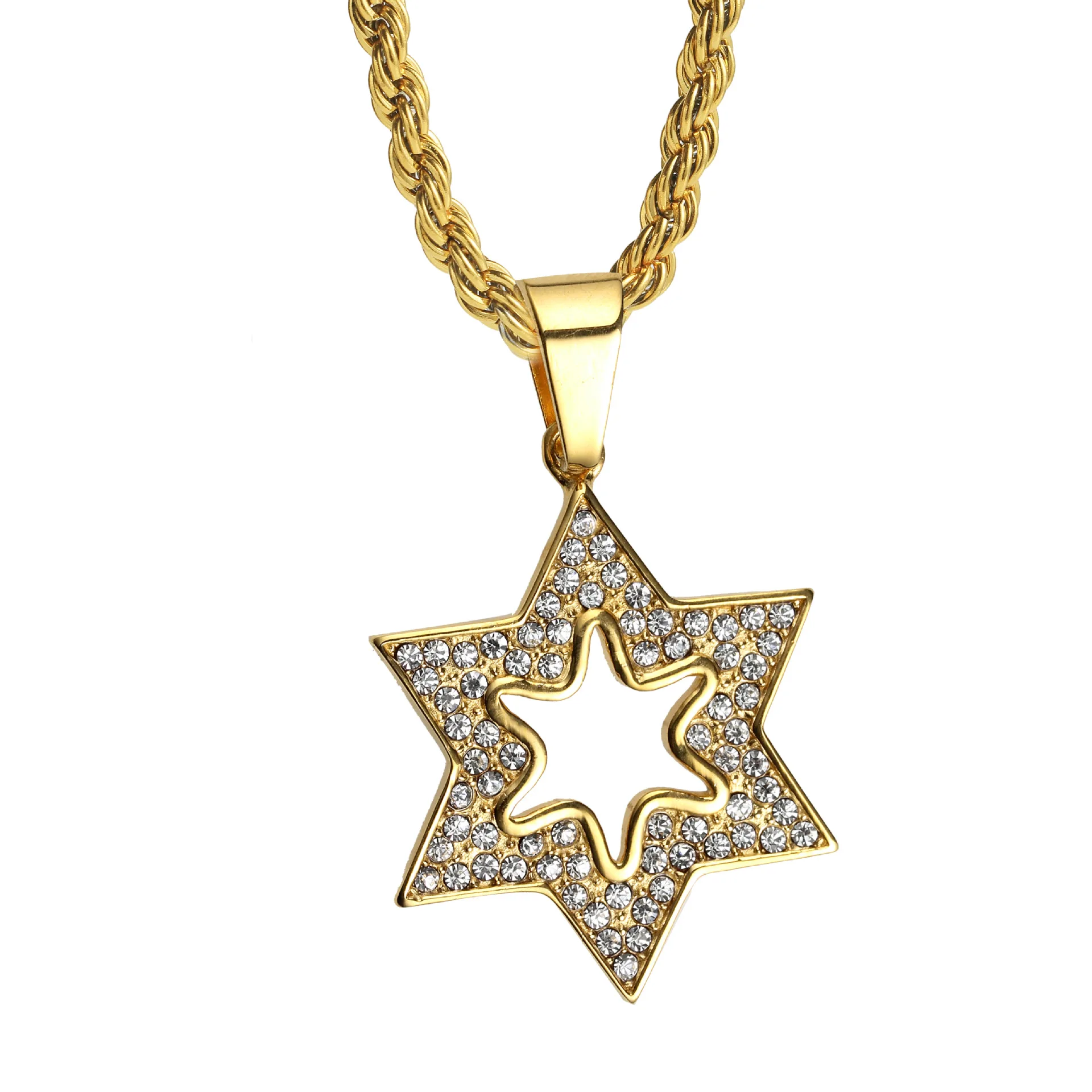 Hip Hop Rhinestone Paved Bling Iced Out Stainless Steel Star of David Pendants Necklaces for Men Rapper Jewelry Gifts