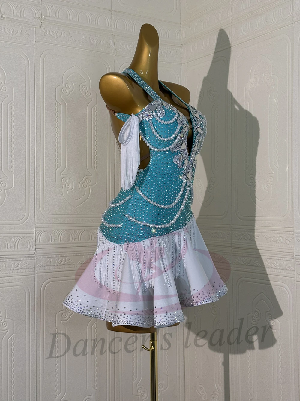 زي الرقص اللاتيني AB Stone أنثى الكبار الأطفال الراقية مخصصة سلسلة اللؤلؤ فستان أسود بركة السامبا