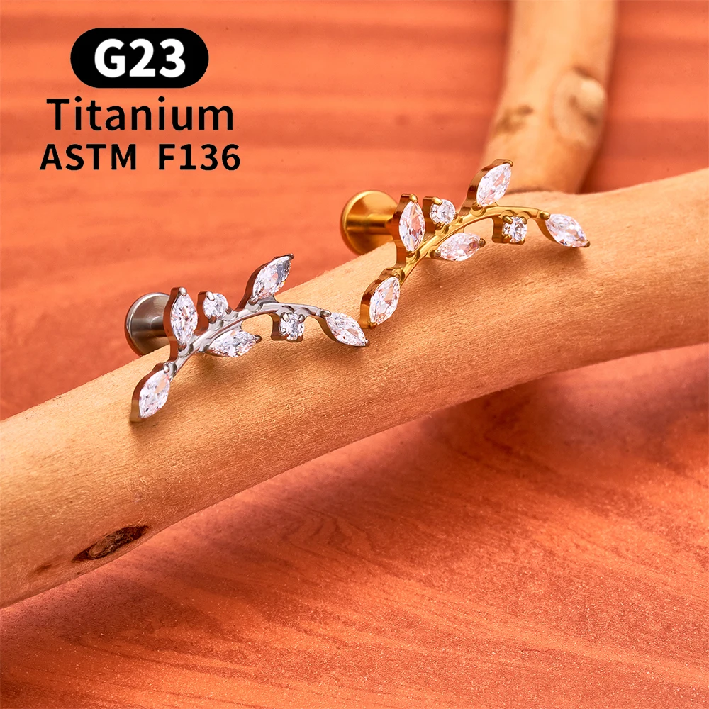 ASTM F136 Titanium 16G CZ Leaf Ear Stud Cartilage Tragus Conch Helix Earring Internal Thread Labret Ring Piercing Jewelry
