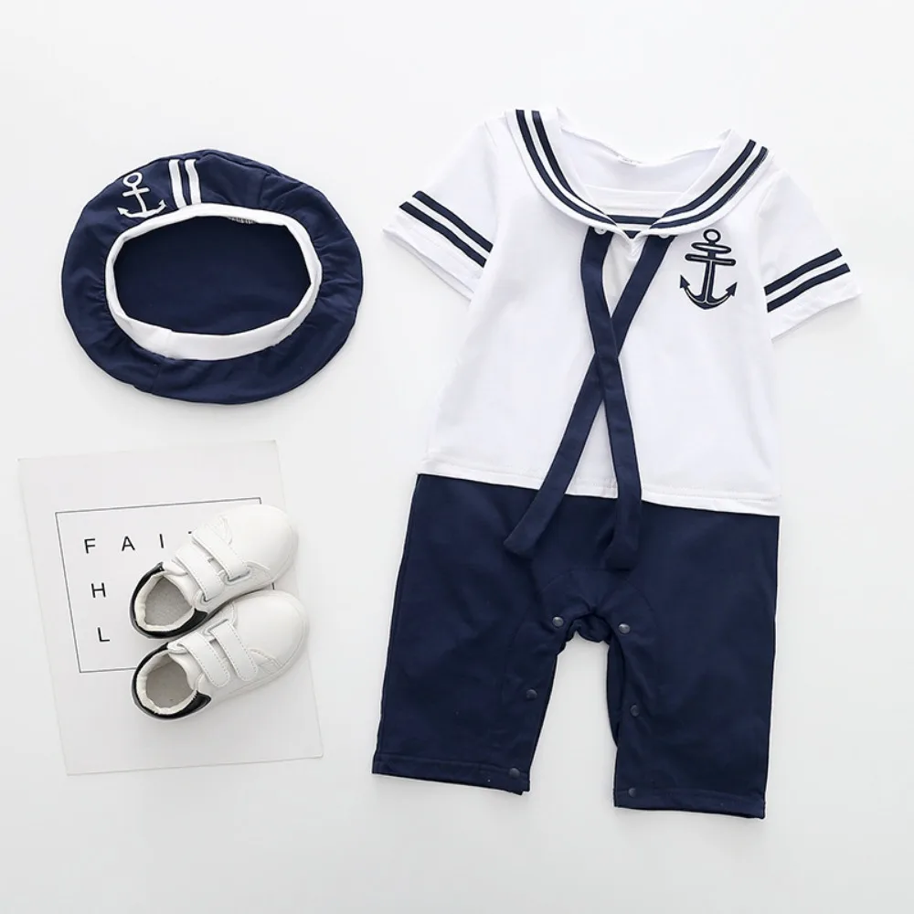 Baby Navy Romper Summer Newborn Kids Boys Girls Sailor Jumpsuit Hat 2Pcs Body Short Sleeve Anchor Printed Suit 70cm 80cm 90cm