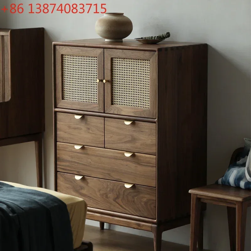 North America Black Walnut Wooden Chests of Drawers Solid Wood Rattan Open Door Locker Storage Cabinet Side Cabinet