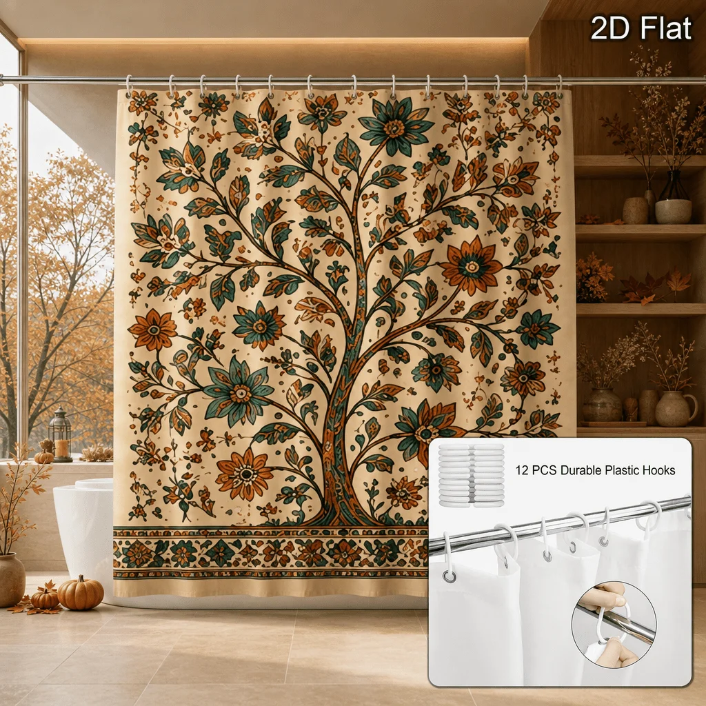 Boho Floral Tree of Life Shower Curtain 180.34X180.34 cm Polyester Fabric Shower Curtain with 12 Hooks Vintage Botanical Rustic
