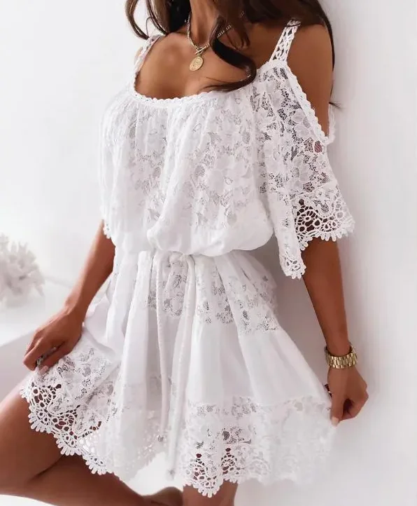 

CHAXIAOA 1 Piece Summer 2026 Women Cold Shoulder Floral Lace Sweet A Line Mini Dress