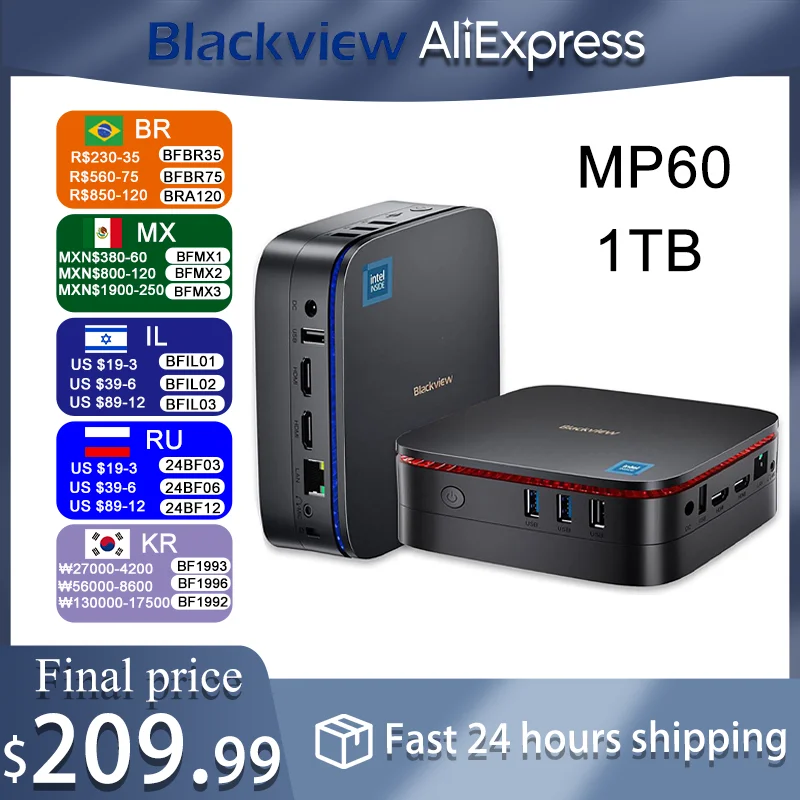 Blackview-Mini ordenador MP60 con Windows 11، Ordenador de 16GB، DDR4/512GB، 1 تيرابايت، SSD، Intel N95، 4K، HD، Doble HDMI، شريط مزدوج