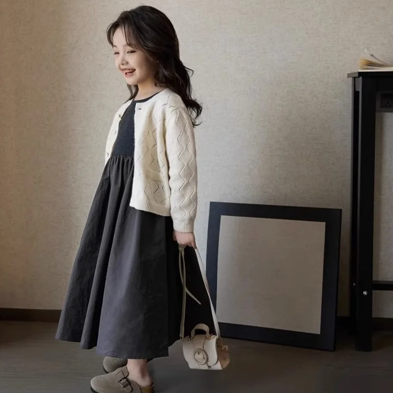 

Girls' High-End Fashion Knitted Cardigan Set Autumn New Korean Style Dress Two-Piece Set Trendy