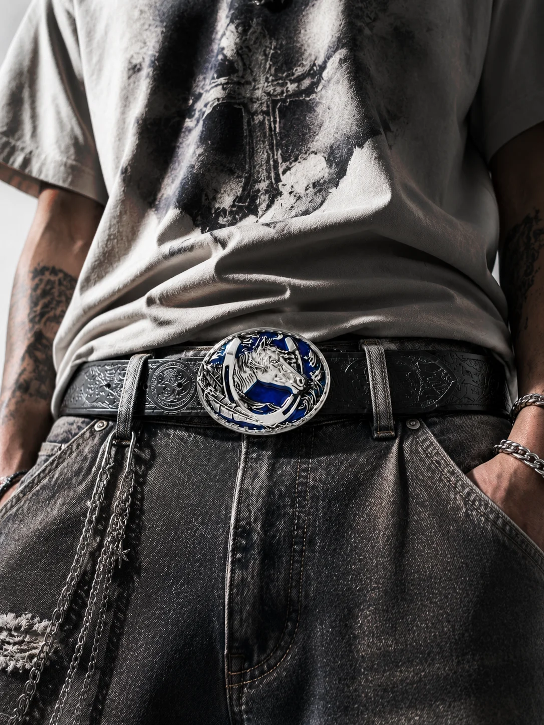 Horse Head Enamel Buckle Belt Western Vintage Embossed Leather Waist Belt Statement Equestrian Style Fashion Belt