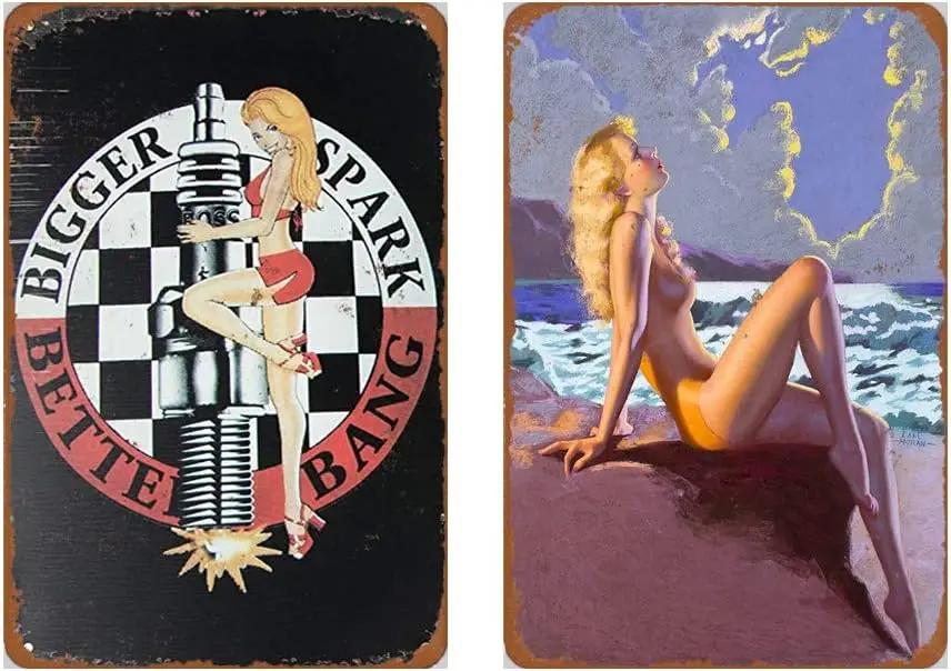 Dmxplus Metal Sign Set of 2 Tin Signs 8 x 12inches - Beach Sexy Pinup Girl Vintage Look Wall Decoration Bar Cafe Home Decor sign