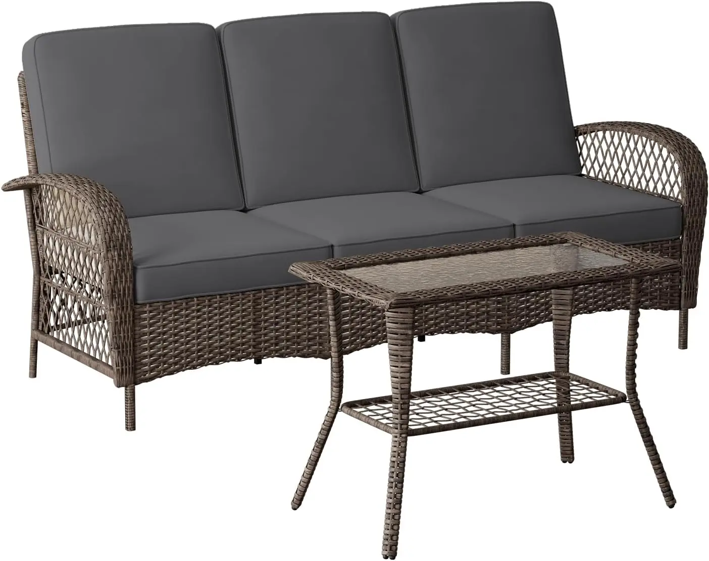 2 Pieces Outdoor Patio Furniture Set - Outdoor Couch Wicker Patio Sofa with Table, Grey