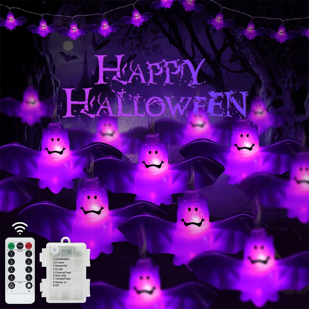 

20/40LEDs Halloween Ghost Bat Lights String Christmas Pumpkin Lights String 8 Modes Remote Control for Holiday Home Party Decor