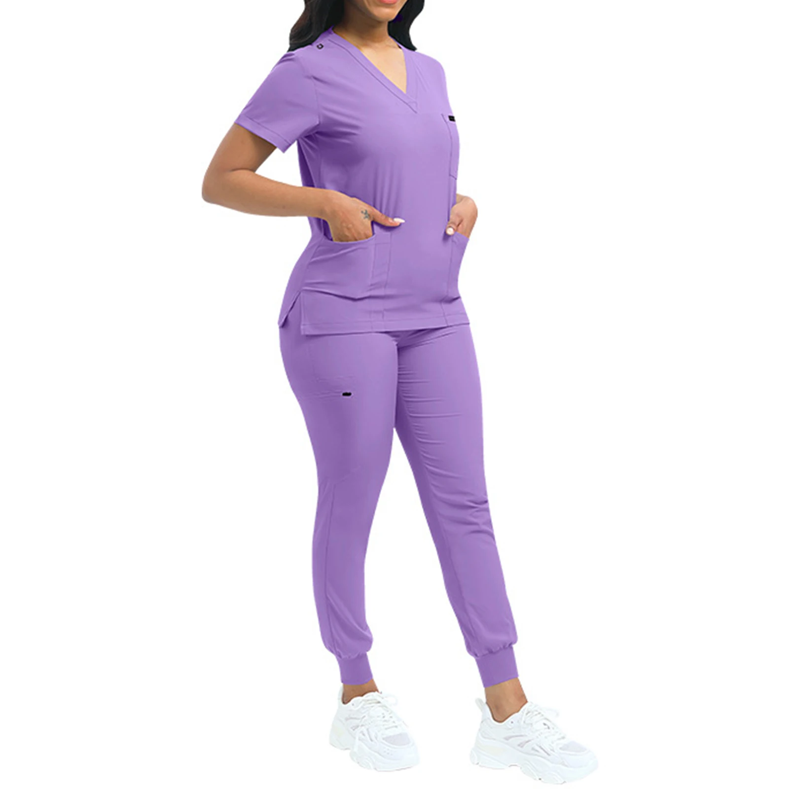 Conjunto de enfermeira feminina com decote em v manga curta multi-cor multi-bolso jogger calças uniforme médico roupas de trabalho de saúde