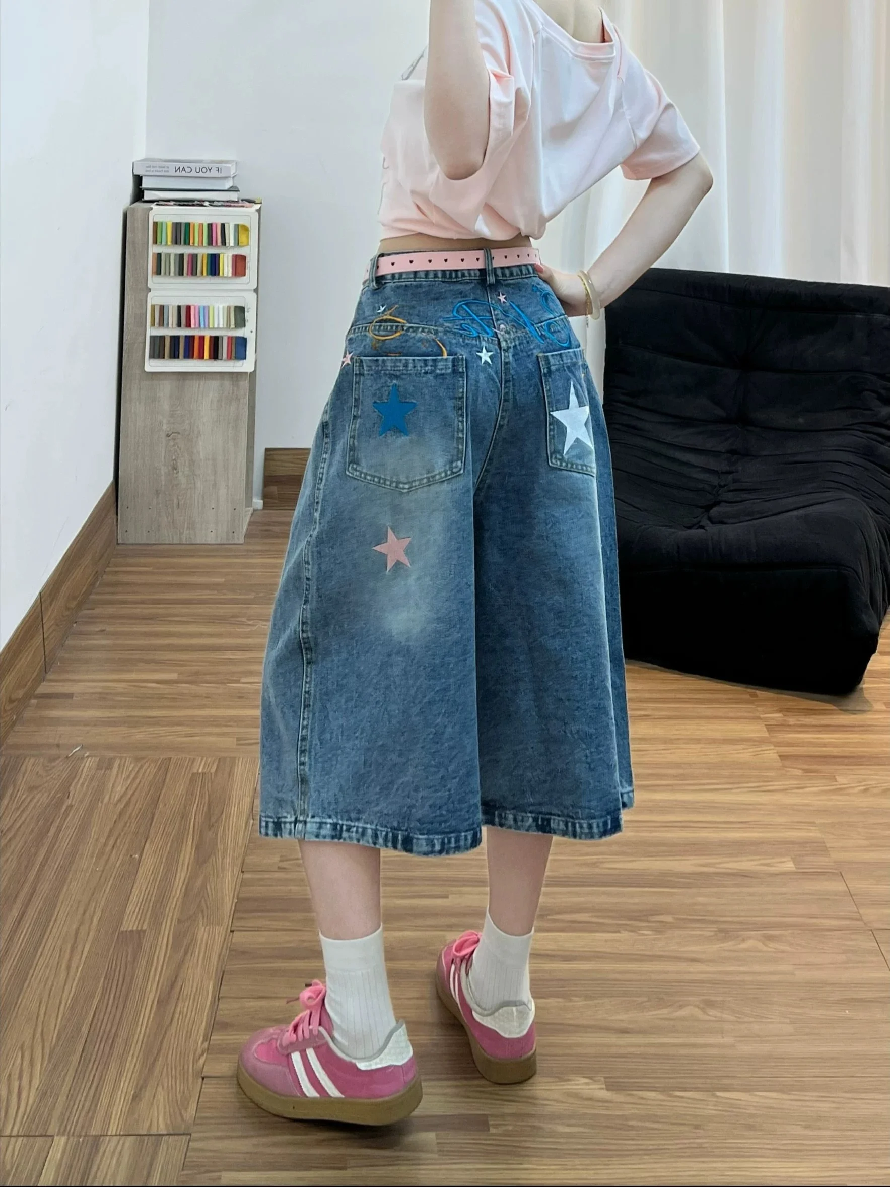 

Summer New Style Women's Loose Fit Casual Embroidered Denim Shorts High Waist Wide Leg Pants Blue Cotton Jeans Trendy