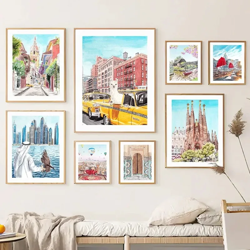 Nordic Victoria Harbour Sagrada Familia Morocco Wall Art Posters Minimalist Print Canvas Painting for Living Room Home Decor