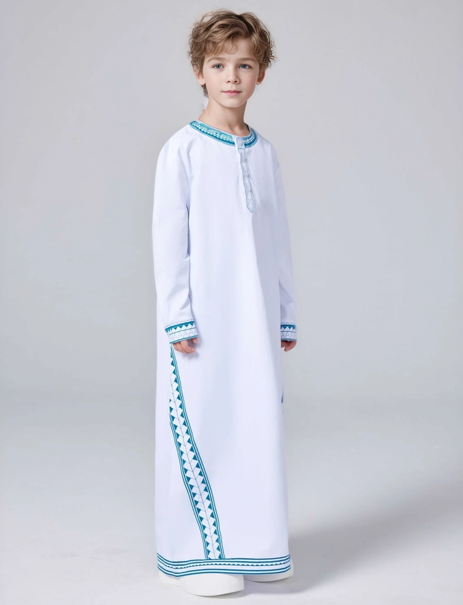 Ramadan Islam Muslim Thobe For Kids Middle East Arab Dubai Malaysian Boy Printed Loose Robe Button-up Shirt