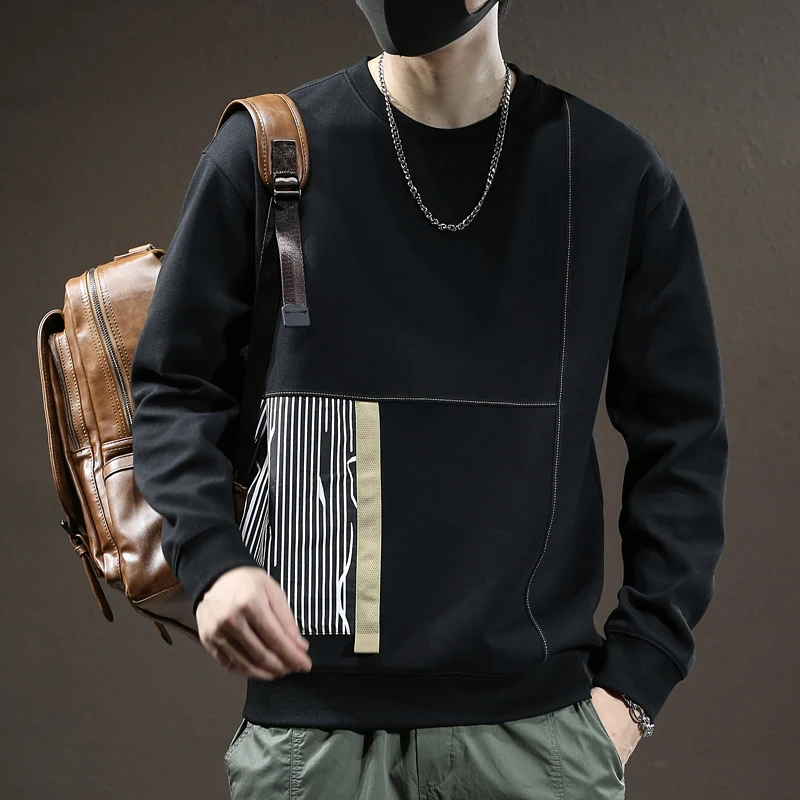 Autumn and Winter patchwork sweater men 2024 new trendy loose plus size casual versatile long sleeves T-shirt round neck top