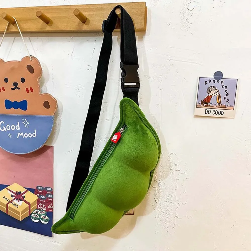 Borsa a tracolla creativa in peluche con baccello di pisello Borsa a tracolla da viaggio all'aperto da donna di grande capacità morbida e carina con cerniera sul petto