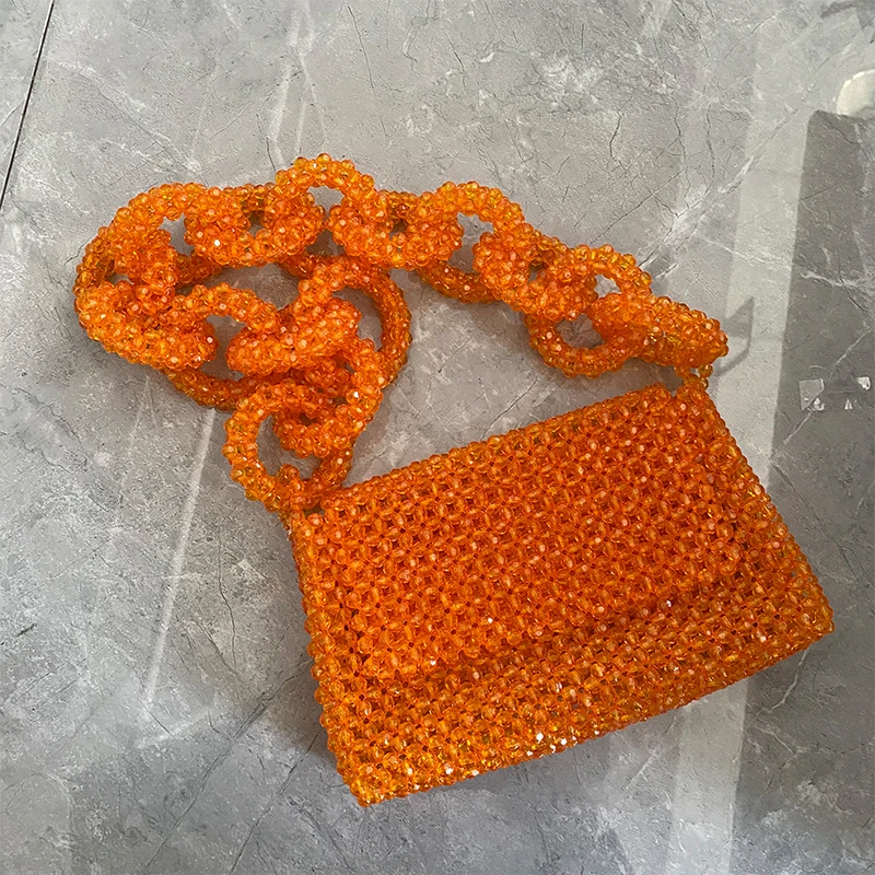 New Fashion INS High Quality Crystal Women\'s Shoulder Bag Handwoven Orange Beaded Flip Handbags for Women Luxury Evening Bags