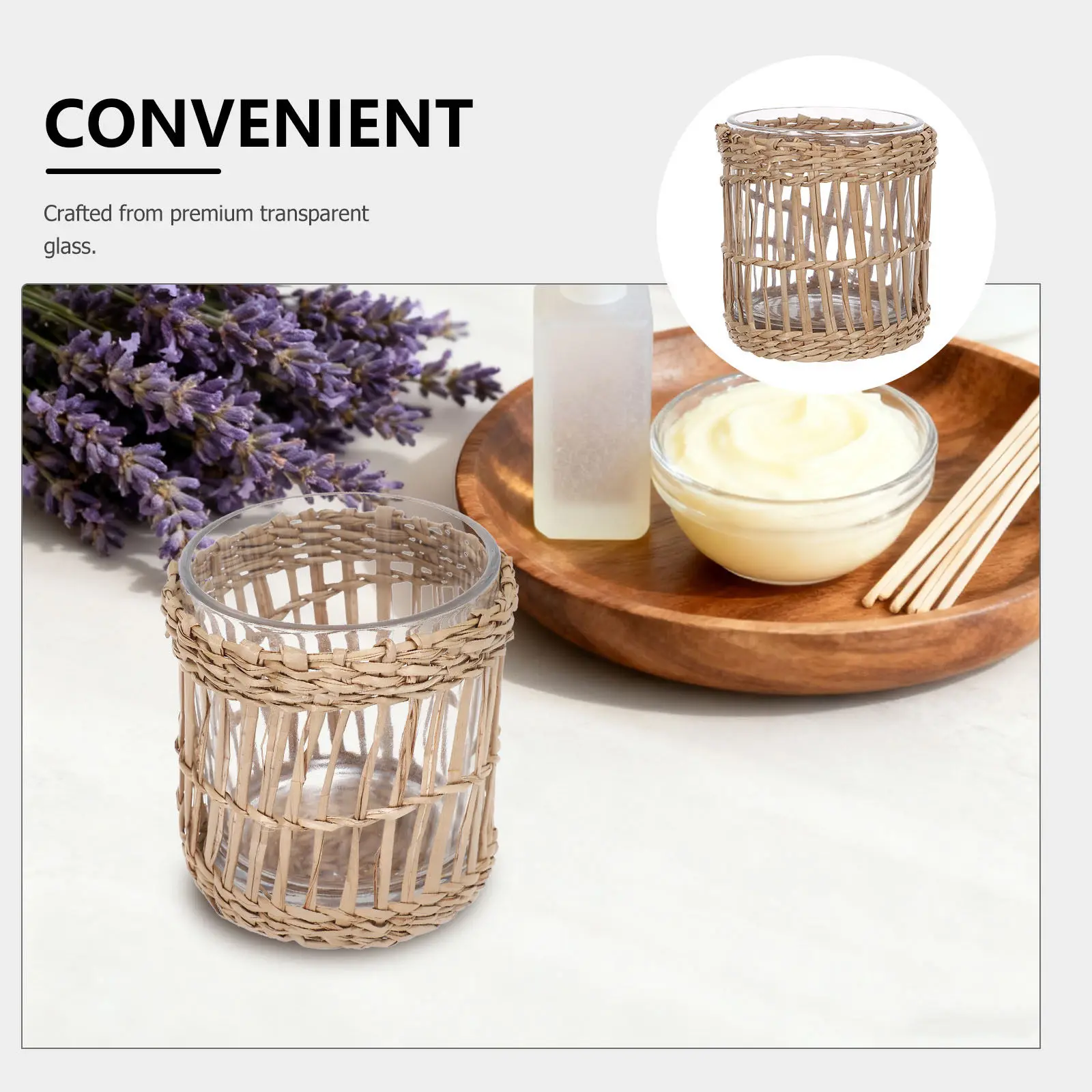 Glass Tea Light Holders Clear Candlestick Straw Woven Holder 7Cm Id Cup Dining Table Party Wedding Birthday Centerpiece view 6