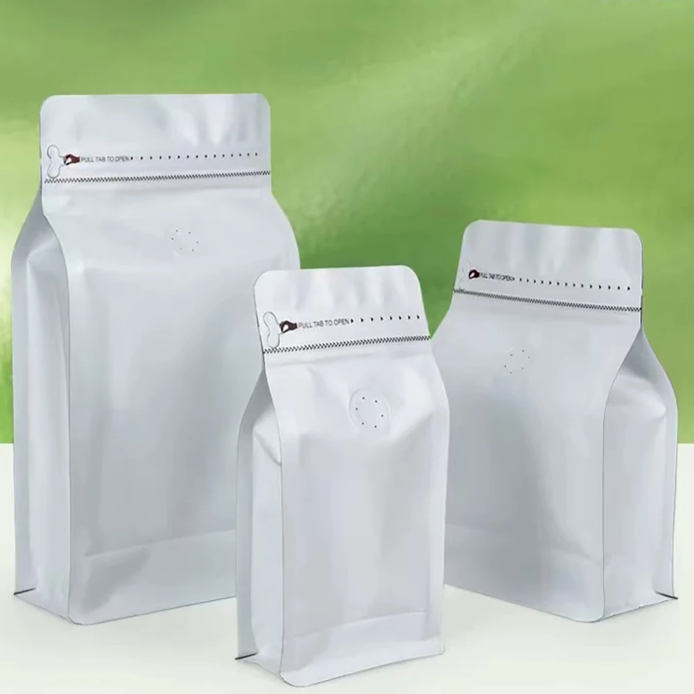 50pcs Matt White Plastic Coffee Bags Custom Printed 100g 250g 500g 1kg Side Gusset Matte Coffee Packaging Bags One Way Valve